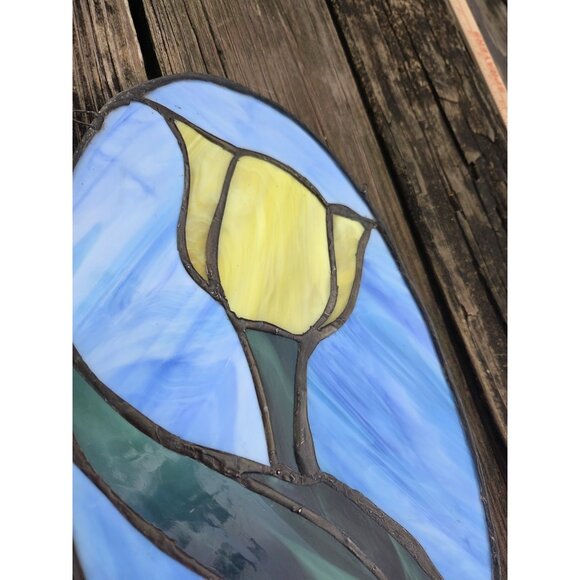 Leaded Floral Stained Glass Yellow Tulip Sun Catcher Flower 7.5" X 14" Hand Made - Picture 4 of 13